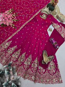 Anarkali Modest Wedding Dress with Embroidery and Sequence Work Includes Gown <b>Pant</b> Dupatta - Product Image 4