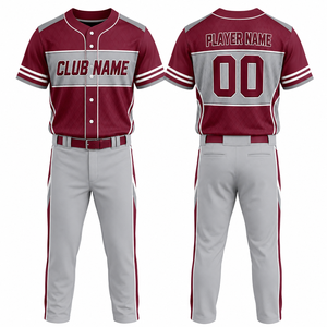Conjunto de Camiseta de Béisbol Personalizada para Niños, Color Granate y Gris, Manga Corta, Absorbe la Humedad, Impresión por Transferencia de Calor, Nombre del Equipo - Product Image 1