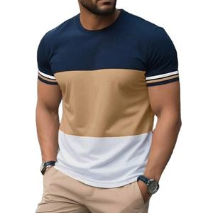 <b>Men's</b> Short Sleeve O-Neck Color Blocked <b>T</b>-<b>Shirt</b> Contrast Trim Regular Fit Knitted Casual <b>Striped</b> 100% Cotton Breathable - Product Image 2