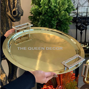 Luxury Designer Golden Plated Elegant Shape Aluminum Metal <b>with</b> <b>Handles</b> Wedding Party Use Storage <b>Trays</b> - Product Image 5