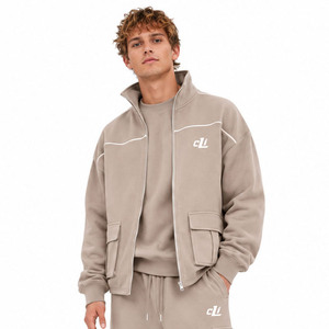 Ensemble de sweats à capuche oversize de haute qualité avec fermeture éclair et col montant pour homme, veste à poches cargo, jogging en molleton de coton épais personnalisé - Product Image 2