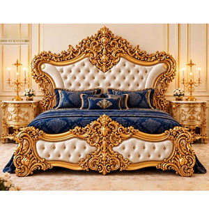 Turkish Style Luxury Wooden Bedroom Furniture Majestic High End Carved <b>Bed</b> with Side Table Gold-Finished <b>Double</b> <b>Bed</b> Australia - Product Image 1
