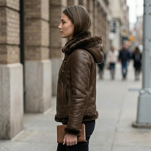 Chaqueta de aviador B3 de cuero marrón hecha a mano con forro de piel sintética y capucha. - Product Image 4