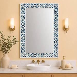 Handmade <b>Rectangle</b> <b>Mirror</b> With Blue White Bone Inlay Chevron Frame Decorative <b>Wall</b> <b>Mirror</b> For Bathroom Mediterranean Style - Product Image 1