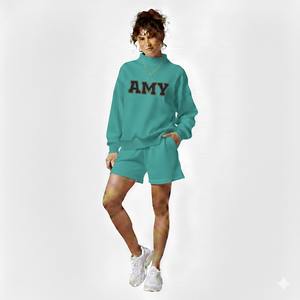 Achetez un ensemble de 2 pièces de haute qualité, col montant, en coton lourd 100% tricoté, style décontracté, hip hop, pour femmes - Product Image 2