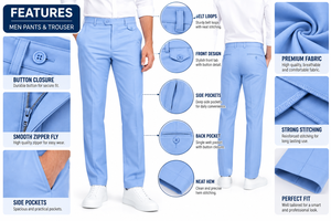 Pantalon habillé classique pour homme, coupe droite, bleu clair, décontracté chic, avec fermeture boutonnée, infroissable et extensible - Product Image 5