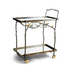 Mesa Tapizada de Lujo Saleem International 2026 con Base Decorativa de Hojas de Ginkgo en Metal Dorado para Entrada o Dormitorio - Product Image 1