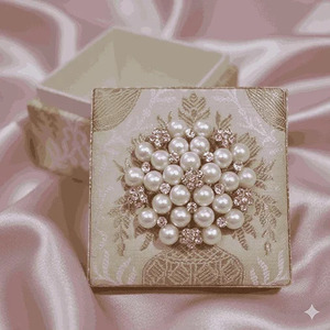 Caja de Regalo de Tela Brocada Dorada con Broche de Perlas y Cristales, Caja de Recuerdo para Boda con Tapa Desmontable Cuadrada - Product Image 1