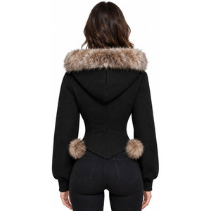 Women's Black <b>Gothic</b> Hooded Zip-Up Sweatshirt With Fur Trim And Embroidered Logo Winter Short Jacket Regular Sleeve Women <b>Hoodie</b> - Product Image 3