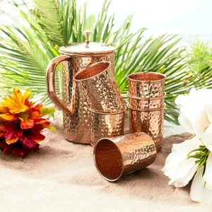 Pichet en cuivre pur fait main avec finition martelée et 4 verres portables – Cadeau d'affaires - Product Image 6