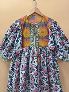 Elegant Boho <b>White</b> Pink Floral Handcrafted Cotton Midi Dress with Tie Neck and Ethnic Print Casual Dress For Women - Product Image 1