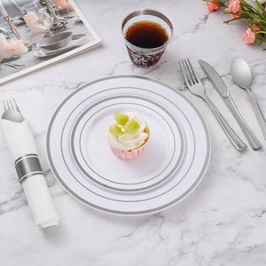 Set di Stoviglie in Plastica Argento da 350 Pezzi per 50 Ospiti, Include 50 Piatti Piani e da Dessert, Kit di Forniture per Feste Usa e Getta di Lusso - Product Image 3