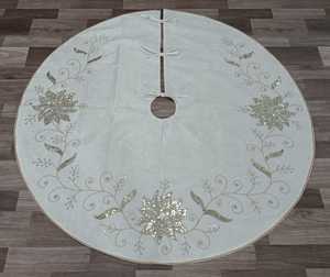 Poinsettia <b>Christmas</b> <b>Tree</b> Skirt Ivory Velvet Sequin Embroidery Elegant Holiday <b>Tree</b> Base Cover Handmade Xmas Decoration - Product Image 1