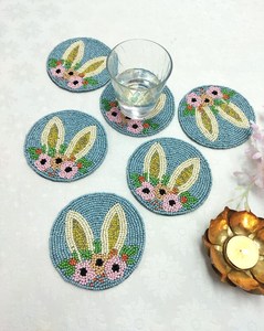 Handmade Eco-Friendly Customizable Bunny Ears with Flowers <b>Round</b> Coaster-Set of 6 (Polyester/Cotton) - Product Image 2