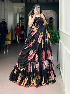 Vestido Largo de Gasa con Estampado Floral y Dupatta, Sin Mangas, Cuello Cuadrado, para Fiesta o Boda, para Mujer - Product Image 4