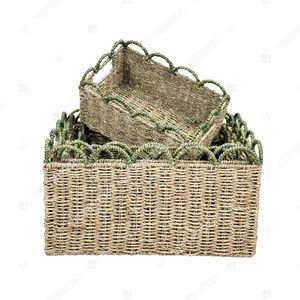 BOTANICAL TRIM Eco-Friendly Rustic <b>Rectangle</b> Green Scallop Woven <b>Storage</b> <b>Basket</b> Set Organizer Box for Entryway - Product Image 2