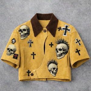 Veste courte jaune style punk à manches courtes avec motif crânes et croix appliqués, streetwear décontracté pour homme - Product Image 1
