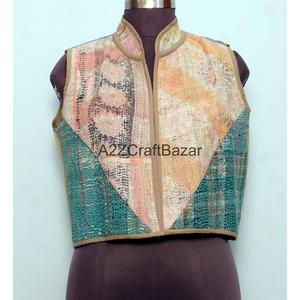 100% Cotton <b>Kantha</b> Quilted <b>Jacket</b> for Women Handmade with Floral Patchwork Covered Buttons Breathable Winter Sleeveless Design - Product Image 3