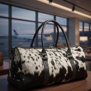 OEM Wholesale Genuine <b>Leather</b> Hair-On Cowhide Fashion Zipper Closure Travel Duffel <b>Bag</b> LHODB-0101 - Product Image 2