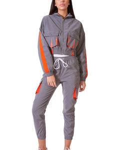 Windbreaker Tracksuit Custom Color Block Nylon Polyester Outfits Jogger Set Women Clothing <b>Zip</b> <b>Up</b> <b>Crop</b> Top Nylon Outdoor Suit - Product Image 1