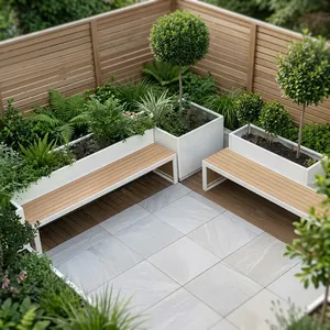 Bancos Modernos para Jardín en Azoteas con Asientos de Listones de Madera, Estructuras Metálicas Blancas y Macetas Integradas para Terrazas Exteriores - Product Image 1