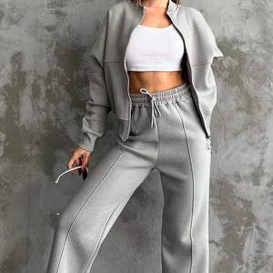 <b>Women's</b> Brown Hooded 100% Cotton <b>Tracksuit</b> Set Jacket Wide Leg Jogger Pants Casual Two Piece Outfit Drawstring Sweatshirt - Product Image 3