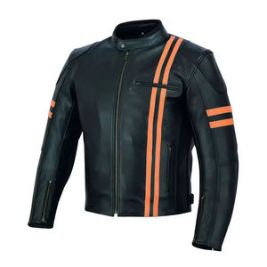 Blouson de moto unisexe en cuir noir avec bandes orange, manches longues, imperméable, coupe-vent, personnalisable, toutes saisons, pour la course - Product Image 4