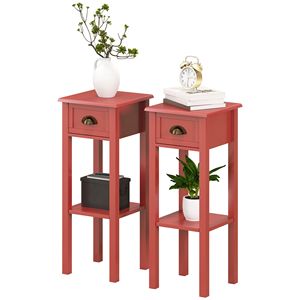 Set di 2 tavolini rossi a 2 livelli con cassetto e ripiano, tavolini da tè quadrati in legno per soggiorno e corridoio - Product Image 1