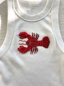 Top Corto Blanco de Algodón de Lujo con Nervaduras, Hecho a Mano, de Alta Calidad, con Bordado de Langosta Roja con Cuentas, Sin Mangas, para Mujer, Verano, Casual - Product Image 1