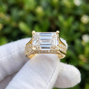 Emerald Cut Diamond Engagement <b>Ring</b> Yellow Gold Pave Band Women's Classic Style - Product Image 1