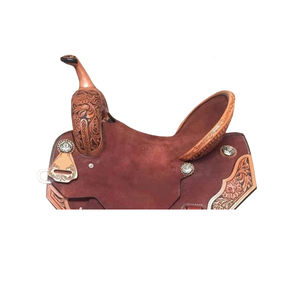 Selle de cheval Western en cuir brun rugueux à assise rigide, avec décorations florales et patchs, pour barrel racing, avec arceau en plastique, haute qualité, tailles 10"-18" - Product Image 2