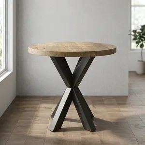 Modern <b>Round</b> Wood <b>Coffee</b> <b>Table</b> With Black Metal X Base Minimalist Living Room Furniture Durable Design - Product Image 4