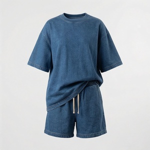 Ensemble 2 pièces pour femme en jean bleu, t-shirt à manches courtes et short, col rond, coupe ample, polyester/coton, décontracté, printemps/été - Product Image 1