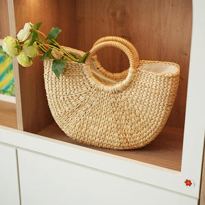 Sac de plage en jonc de mer avec pompon, fermetures à glissière et boutons, sac à main moderne et naturel pour femme, sacs de voyage tendance - Product Image 3