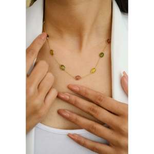 18K Gold Tourmaline Gemstone Station <b>Necklace</b>-IGI Certified Link <b>Chain</b> - Product Image 4