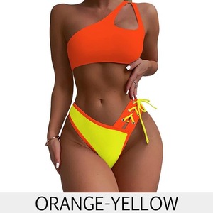 Conjunto de Bikini Rojo Rosa de un Solo Hombro, Asimétrico, Elástico, Antibacterial, con Cordón Ajustable en la Parte Inferior para Niñas - Product Image 3