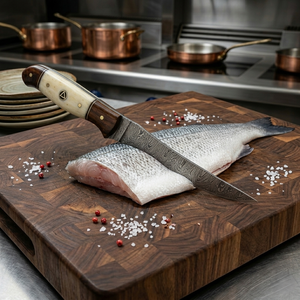 Handmade Fillet <b>knife</b> in Damascus <b>bone</b> <b>handle</b> with leather sheath - Product Image 4