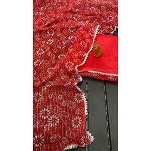 ESTAMPADO DE DISEÑADOR GEORGETTE CON SECUENCIA TRABAJO SAREE CON BLUSA SIN COSTAR ROJO - Product Image 1