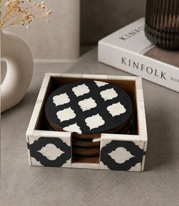 Ensemble de sous-verres ronds en bois avec incrustation en résine noire et blanche, motif géométrique, tapis et dessous de verre antidérapants, accessoires décoratifs pour boissons - Product Image 3