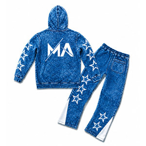 Teal Acid Wash Hooded Tracksuit Set With White Stars And 350 gsm Full Length Drawstring Pants 100% Cotton Streetwear - Product Image 5