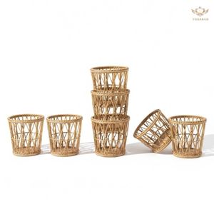 Panier à déchets en rotin naturel fait main, corbeille à papier en osier, décoration bohème pour la maison, couvercle de pot de fleurs, bac de rangement rond, usine OEM - Product Image 6