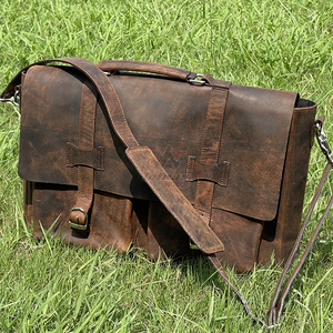 Distressed Genuine Leather Laptop <b>Bag</b> for <b>Men</b> Vintage Brown Dual Front Pockets Rustic Satchel <b>Messenger</b> Crossbody Travel - Product Image 6