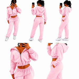 Ensemble sweat à capuche 2 pièces en polaire rose pour femme, coupe droite, couleur unie, avec poches zippées et broderies, toutes saisons - Product Image 6