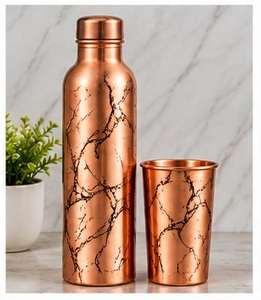 Traditional Copper Water Bottle with Lid and Matching <b>Cup</b> Set <b>Bamboo</b> Etched Pattern Drinkware - Product Image 6