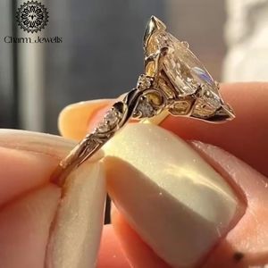 Charm_Jewells Women's Rose <b>Gold</b> Plated 18K Solid <b>Gold</b> Marquise Cut Moissanite Star <b>Cocktail</b> <b>Ring</b> Vintage Prong Setting - Product Image 3