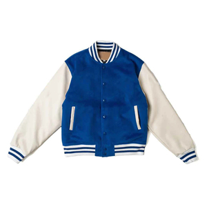 Chaqueta Bomber Unisex Vintage Azul con Bloques de Color, Impermeable, Cortavientos, Formal, con Mangas de Cuero en Contraste y Cierre de Cremallera - Product Image 1