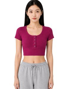 เสื้อครอปแขนสั้นทรงเข้ารูปสำหรับผู้หญิง สีม่วงแดง ผ้าริบเนื้อนุ่ม ผสมคอตตอนและสแปนเด็กซ์ ยืดหยุ่นได้ สวมใส่สบาย เหมาะสำหรับฤดูร้อน มีกระดุม - Product Image 1