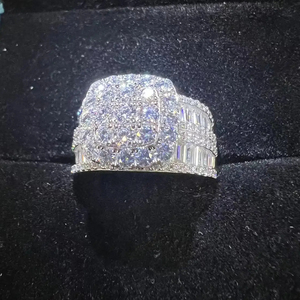 <b>Mens</b> 925 <b>Silver</b> Lab Grown Diamond Square <b>Ring</b> with Round Center and Baguette Accent Stones Iced Statement <b>Ring</b> - Product Image 1