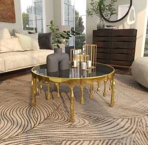 Designer's Modern <b>Round</b> Coffee <b>Table</b> With Brass Drip Base Glass Top Contemporary Living Room Furniture Decorative Metal Design - Product Image 2