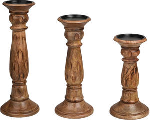 Ensemble de 3 porte-bougies en bois rustique, sculptés à la main en bois de manguier, élégants supports décoratifs pour bougies piliers - Product Image 1